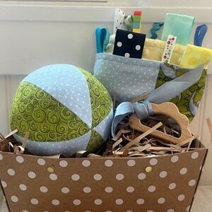 Jingle Ball plushy w/ coordinating sensory blanket handmade wooden teether gift